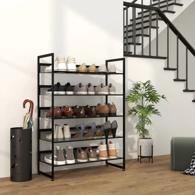 REDOM Schoenenrek - 5 lagen met gaasplanken en beschermende achterwanden - Met verstelbare voetjes - Open rek - Hal of woonkamer - Staal - Zwart - 72 x 30 x 102 cm