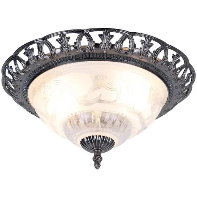 Globo Plafondlamp wit Woonkamerlamp antiek zilver rond, retro lamp parelmoer sierlijke elementen, metaal, 2x E14 stopcontacten, DxH 33x17 cm