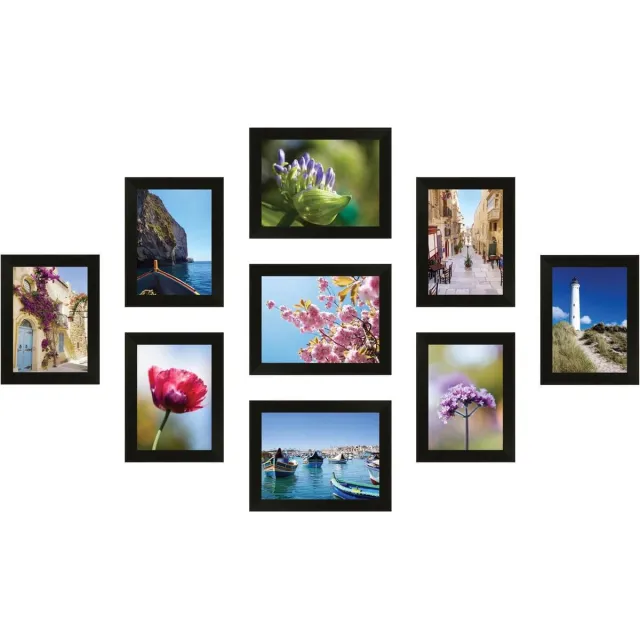 SecaDesign Fotowand zwart 9 fotolijsten PIA9B met handige template voor plaatsing. 6x 13x18cm, 3x 15x20cm fotomaat - fotomuur