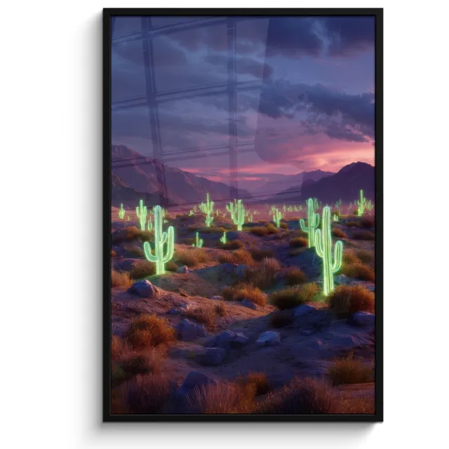 FrameYourWall Poster in lijst - Fotolijst 80x120 cm - Posters - Neon cactussen - Woestijn - Zonsondergang - Posterlijst zwart - Decoratie - Wanddecoratie woonkamer - Muurdecoratie slaapkamer Neon - cactus - Woestijn