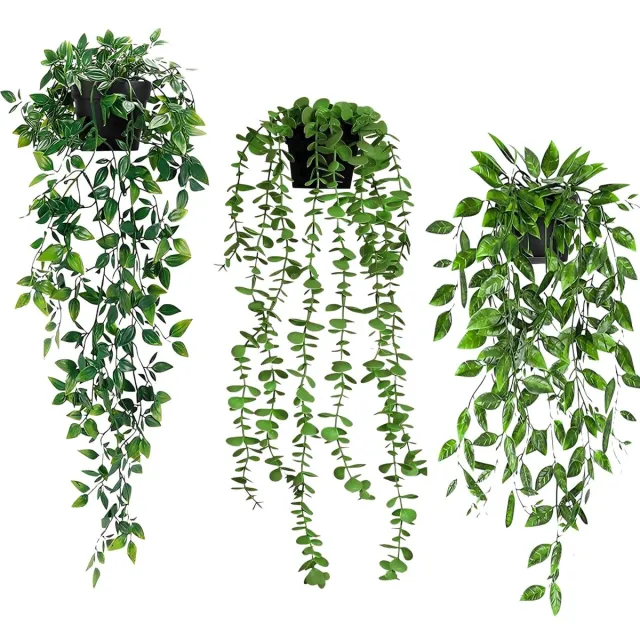 Famanu 3 stuks kunstmatige hangende planten met pot, groene wijnstok kunstplanten, nepplanten voor balkon, kantoor, tuin en muurdecoratie