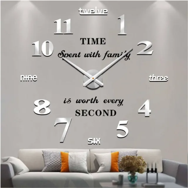 Thuys Moderne Stille DIY Grote Wandklok – 3D Muursticker Klok – Geluidsloze Klok – Zilver