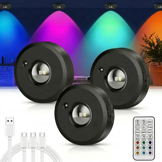 Epochglo Kastverlichting Draadloos 3 stuks - RGB LED Vitrineverlichting met Afstandsbediening - USB Oplaadbare Plaklampen - Dimbaar & Timer - Magnetische Spotjes voor Keuken, Kledingkast & Vitrine - Zwart