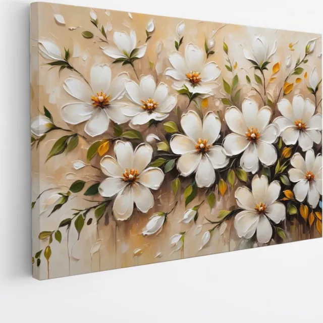 Saammp Canvas Schilderij - bos Witte Bloemen - Beige - Abstract - 60x40 - Foto op canvas - Wanddecoratie - Muurdecoratie Woonkamer - Kantoor Decoratie Multicolor