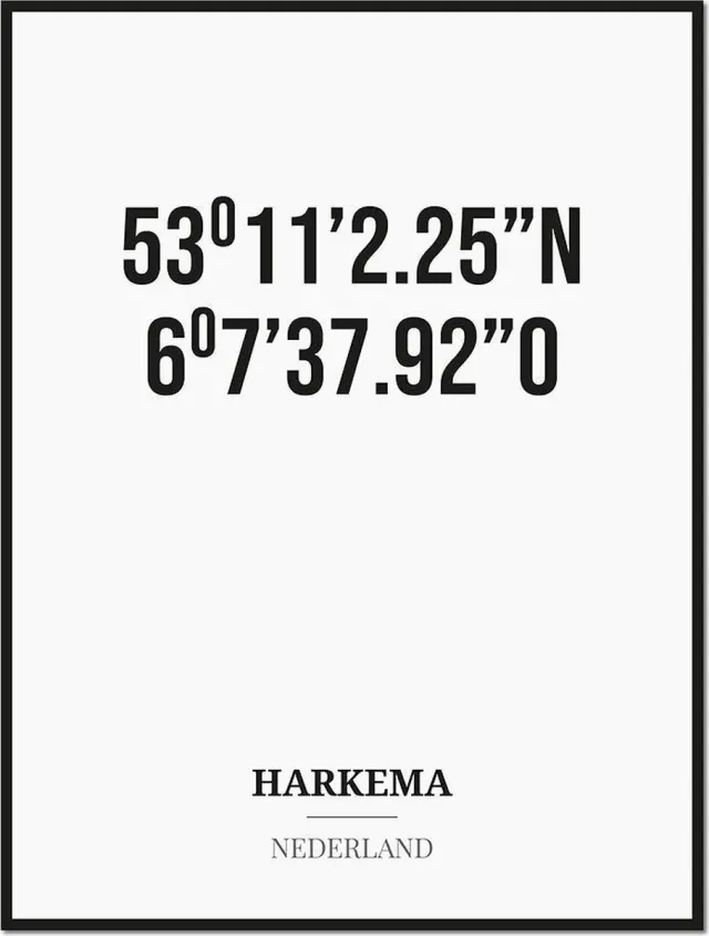 Studio216 Poster/kaart HARKEMA met coördinaten zwart, wit