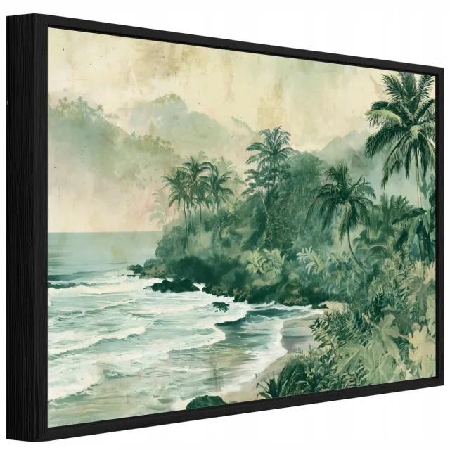 WALLARENA Schilderij op canvas met zwarte lijst - 60x40 cm - tropisch strand met palmbomen - voor slaapkamer en woonkamer Groen