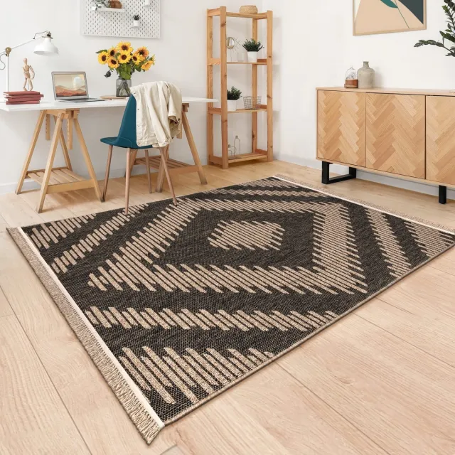 TT Home Binnen- en buitentapijt Woonkamer Weerbestendig Balkon Boho Geo Motief 3D Franjes 200 x 280 cm Rechthoek 200 x 280 cm Rechthoek antraciet