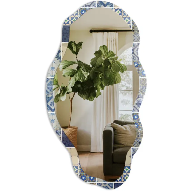 TULUP Azulejos-Tegels Spiegel - Blauw Stijlvolle Wandspiegel - Organische Spiegel - Keuken - Geometrisch - 45x90 cm - Totale afmeting 52x97 cm Azulejos-Tegels, Blauw