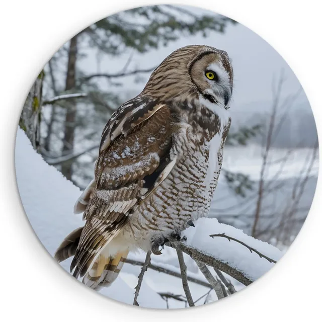 Saammp Muurcirkel Hout - Uil in de sneeuw - winter - Dieren - Ø 30 - Wandcirkel - Wanddecoratie Cirkel - muurdecoratie Woonkamer - Slaapkamer decoratie - Rond Schilderij