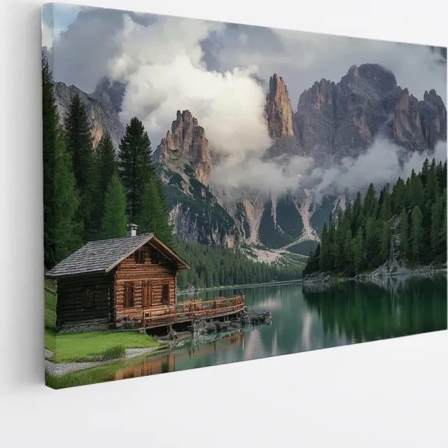 Saammp Canvas Schilderij - Natuur - Huis tussen de bergen - landschap - 90x60 - Foto op canvas - Wanddecoratie - Muurdecoratie Woonkamer - Slaapkamer decoratie - Canvas Print Multicolor