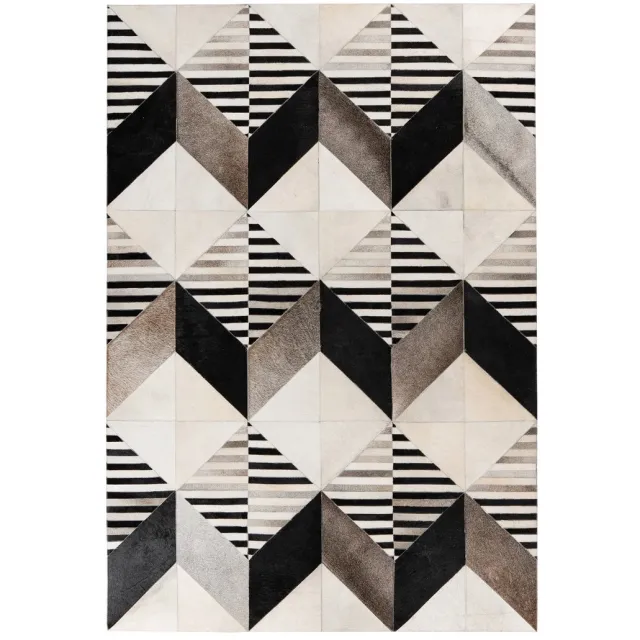 Padiro leren designvloerkleed 160 x 230 cm - donkergrijs - modern patchworkontwerp - met strepen en geometrisch patroon - voor vloerverwarming - met de hand genaaid - van leer