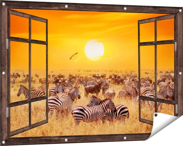 Gards Tuinposter Doorkijk Kudde Zebra's bij een Oranje Zonsondergang - 120x80 cm - Tuindoek - Tuindecoratie - Wanddecoratie buiten - Tuinschilderij Donker bruin