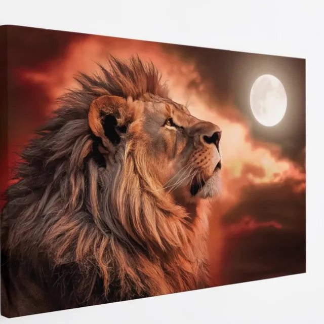 Saammp Canvas Schilderij - Leeuw met de maan - Dieren - Natuur - 90x60 - Foto op canvas - Wanddecoratie - Muurdecoratie Woonkamer - Slaapkamer decoratie - Canvas Print Multicolor