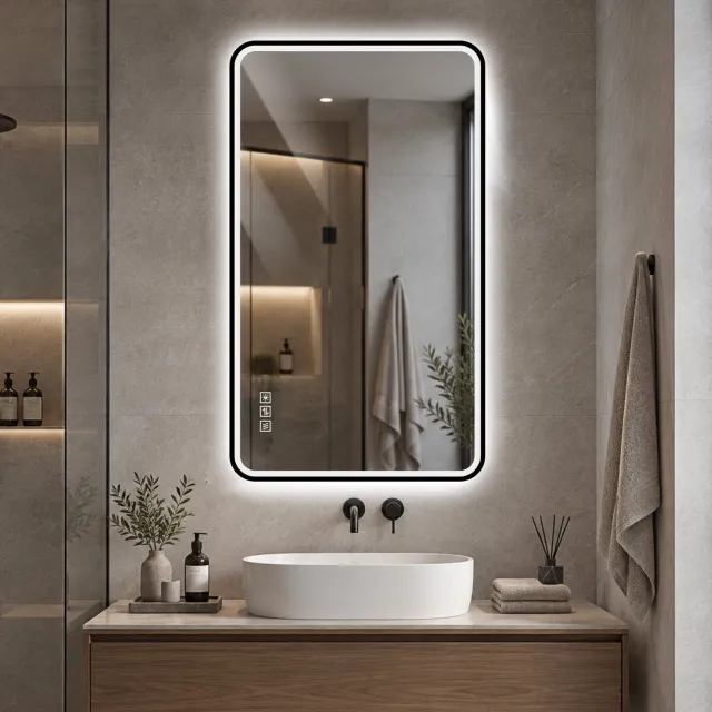 Wishdor LED-badkamerspiegel - Voor- en achterverlichting, anti-condens - Drie lichtkleuren, traploos dimbaar - Geheugenfunctie, liggend of staand te monteren - Zwarte aluminium lijst - 100 x 60 x 4 cm