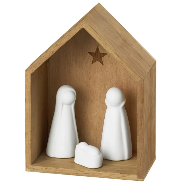 Famanu Kleine kerststal van acaciahout, onbehandeld, met porseleinen figuren in wit, afmetingen: 12 x 9 x 5 cm