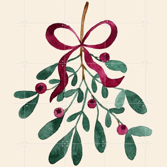 IXXI Winter Berry Mistletoe, Palmartprints - 100 x 140 cm - Grote wanddecoratie en posters - Illustraties, Aquarel, Trap, Woonkamer, Gang, Kerst Beige
