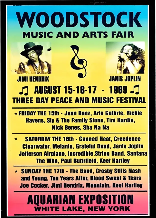 superdoughhook.com Woodstock, Affiche poster in koker, de aankondiging van het beroemde 3 daagse Woodstock festival op 15-16-17 augustus 1969 in White Lake, New York geel, rood , zwart, wit