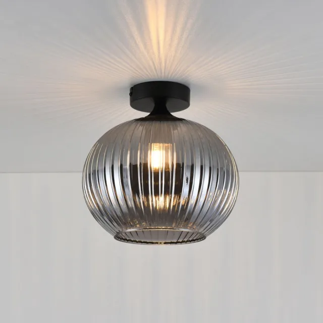 LUSENZ Plafondlamp Globo vetro fumé - Bol van geribbeld rookglas en zwarte drager van metaal - Zonder lichtbron