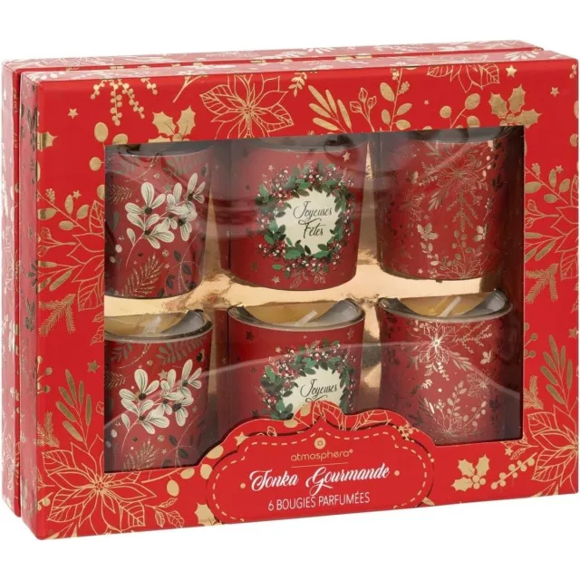 Feeric lights & Christmas Set van 6 geurkaarsen 40 g met rood glas