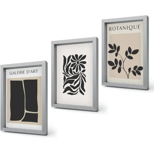 Coloray 4-Delige Schilderij Set - Abstracte bloemenpatronen en geometrische vormen - 20 x 30 cm - Muurdecoratie - Decoratieve Schilderijen - Wohnzimmer Zilveren lijst