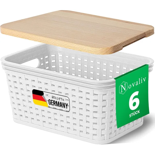 Novaliv set van 6 opbergdozen met houten deksels, mini 2L mand, wit in rotan design, voedselveilige opbergmand, stapelbare dozen, nestbare kunststof, BPA-vrije doos, stofbakken met deksel