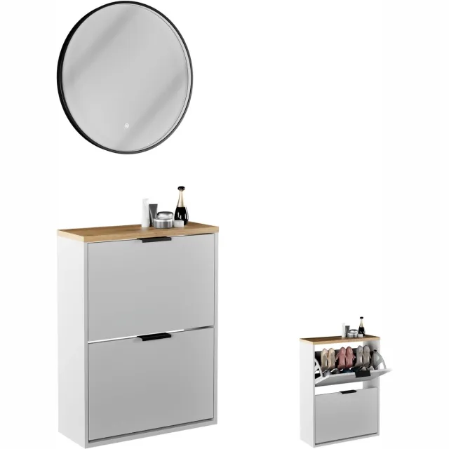 Planetmöbel STIVIO - Schoenenkast 60 cm - Wit grijs - 2 kleppen - Met ronde LED-spiegel