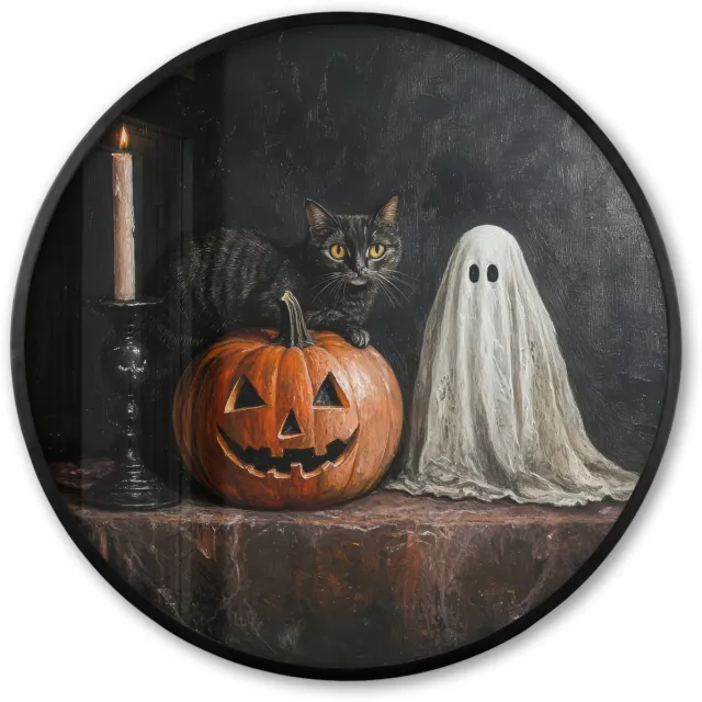 FrameYourWall Poster in lijst Rond - Fotolijst 80x80 cm - Posters - Halloween - Pompoen - Spook - Zwarte kat - Stilleven - Ronde posterlijst zwart - Decoratie - Wanddecoratie woonkamer - Muurdecoratie slaapkamer Halloween - Spookje en pompoen