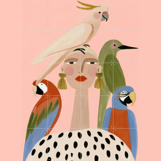 IXXI Feathered Friends, Atelier Pommeline - 80 x 100 cm - Grote wanddecoratie en posters - Kleurrijk, Modern, Cartoonesk, Slaapkamer, Gang, Dieren Beige / Roze