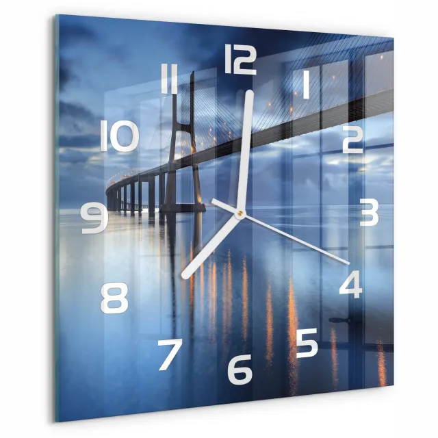 TULUP Wandklok - Verlichte Brug Wandklok Glas Met Motief - 30x30 cm - Blauw Decoratieve Glazen Klok - Witte handen - Vierkante Klok - Gekleurde Glazen Klok - Glazen Klok Met Print