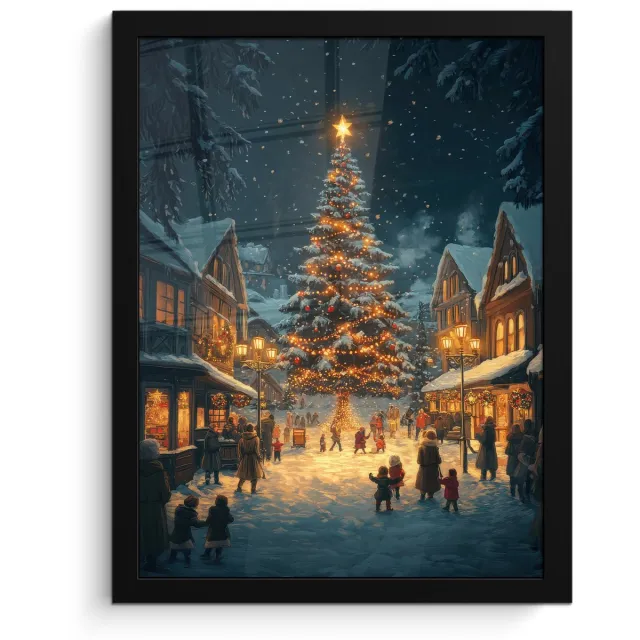 FrameYourWall Poster in lijst - Fotolijst 30x40 cm - Posters - Kerstfeest - Dorp - Donker - Posterlijst zwart - Decoratie - Wanddecoratie woonkamer - Muurdecoratie slaapkamer - Kerstversiering - Kerstdecoratie voor binnen - Kerstmis