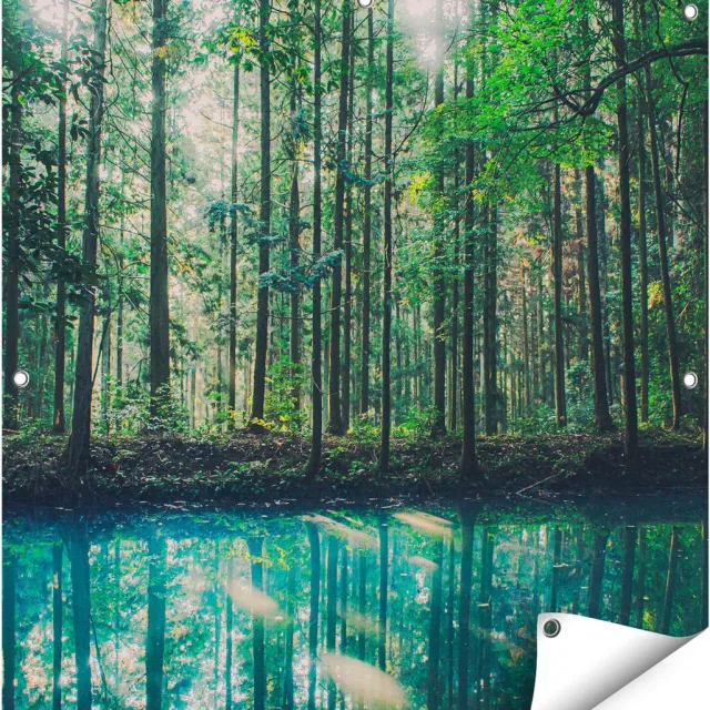 Gards Tuinposter Bos bij een Groen Meer - 80x80 cm - Tuindoek - Tuindecoratie - Wanddecoratie buiten - Tuinschilderij Multikleur