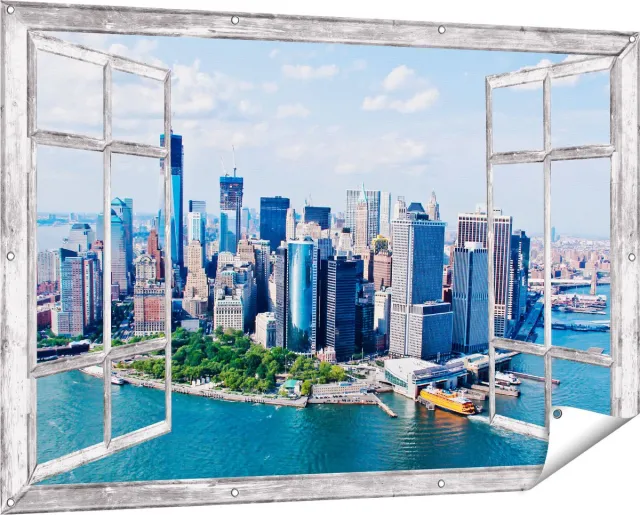 Gards Tuinposter Doorkijk New York Als een Eiland vanuit de Lucht - 150x100 cm - Tuindoek - Tuindecoratie - Wanddecoratie buiten - Tuinschilderij Grijs