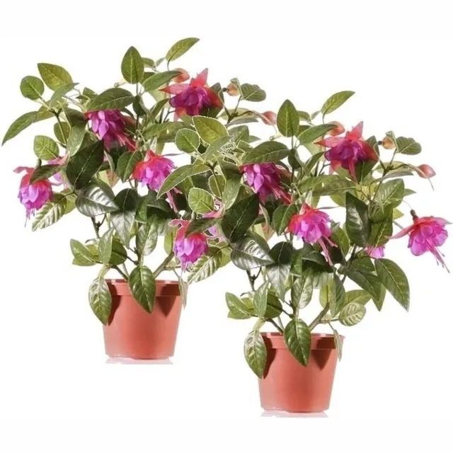 Bellatio Flowers & Plants kunstplant met bloemen - 2x - fuchsia roze - 30 cm - binnen Groen