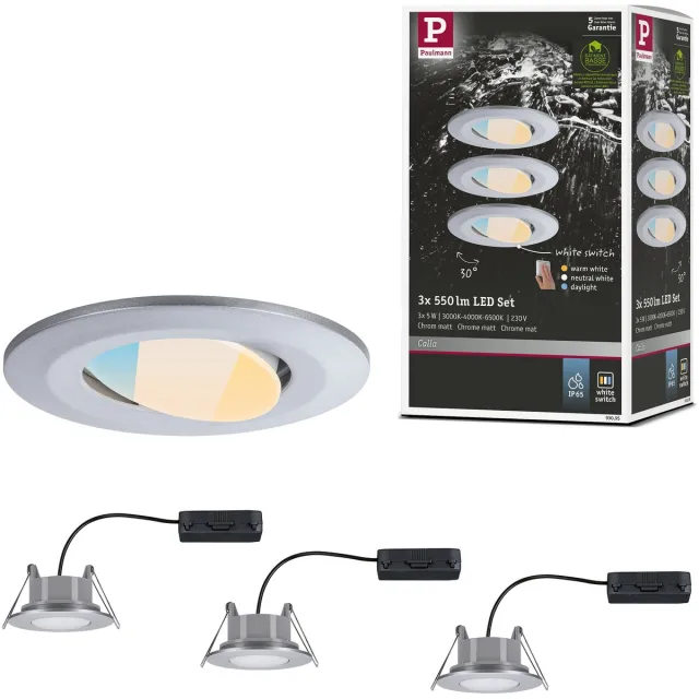 Paulmann LED-inbouwlamp Calla Set van 3 zwenkbaar IP65 rond 90 mm 30° 3x5W 3x400lm 230V White Switch Chroom mat