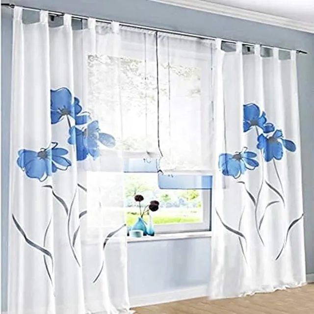Unyqoos Set van twee transparante gordijnsjaals met bloemenprint voor elke kamer wit