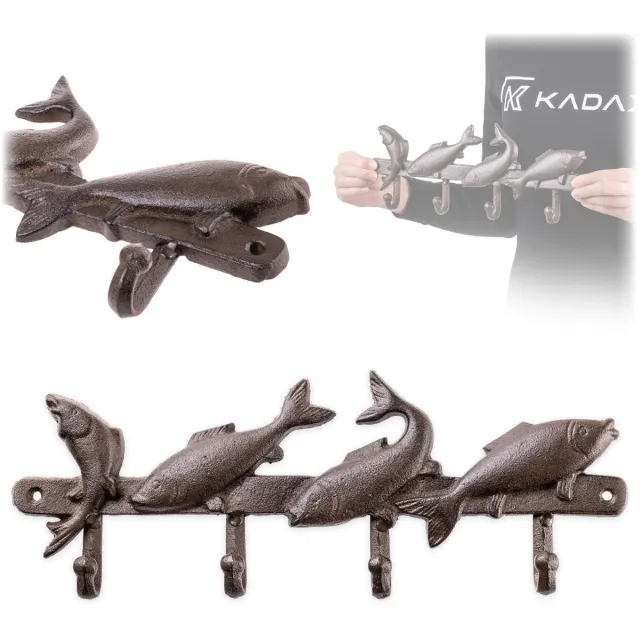 KADAX Vissen-haakrek van gietijzer 34 x 13 cm, maritieme wandkapstok met 4 haken, wandhaken, kapstokrek voor wandmontage, kledinghaken voor de hal (bruin)