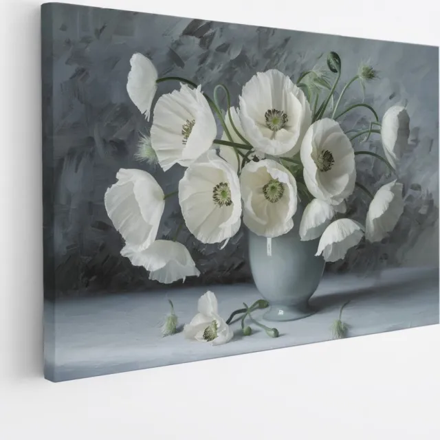 Saammp Canvas Schilderij - Witte Bloemen in Grijze Vaas - Abstract - 60x40 - Foto op canvas - Wanddecoratie - Muurdecoratie Woonkamer - Kantoor Decoratie Multicolor