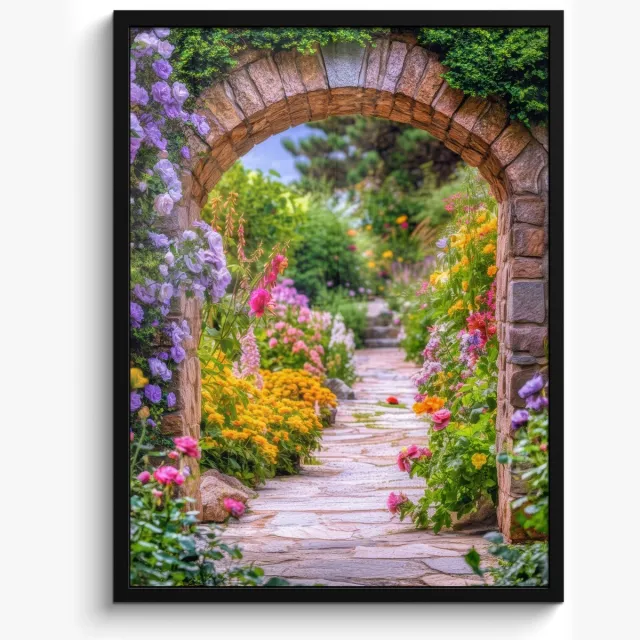 FrameYourWall Poster in lijst - Fotolijst 50x70 cm - Posters - Doorkijk - Bloemen - Pad - Natuur - Posterlijst zwart - Decoratie - Wanddecoratie woonkamer - Muurdecoratie slaapkamer Poort - Bloementuin