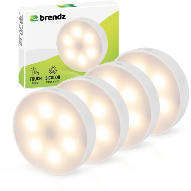 Brendz LED ronde Kastverlichting, Touch bediening, USB-C Oplaadbaar, Dimbaar, Magnetisch, 4 stuks, 3 Kleurtemperaturen, Trapverlichting draadloos, Nachtlampje Zilver