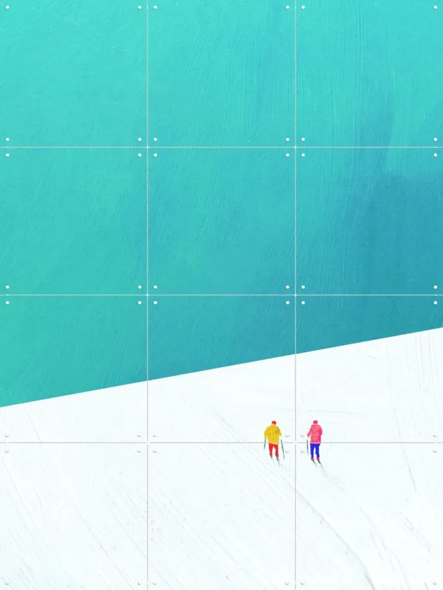 IXXI Ski Buddies, Henry Rivers - 60 x 80 cm - Grote wanddecoratie en posters - Minimalisme, Modern, Digitale Kunst, Abstract, Speels, Illustraties Blauw / Wit