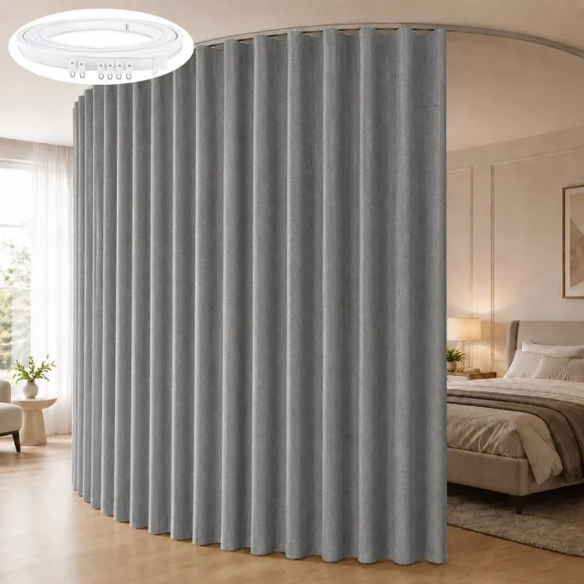 Qelus Kamerverdeler Gordijn Linnenlook met Flexibele Plafondrail - 100% Verduisterend Scheidingsgordijn - Ruimteverdeler - Thermisch Isolerend en Geluidsdempend - Voor Slaapkamer, Woonkamer, Kantoor en Studio - Grijs - 254 x 274 cm - 1 Stuk Grijs, 1 Stuk
