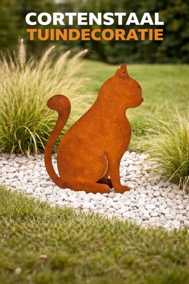 Passie voor Staal Roestige - Kat - Poes - Zittend - Tuindecoratie – Tuinornament - Cortenstaal - Metalen Silhouet voor in de grond – Lokaal Geproduceerd - Grondprikker - Tuinprikker Bruin/Roest