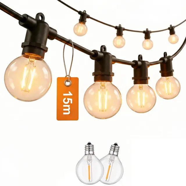 LUSQ Buitengloed Bolvormige LED Lichtsnoer 15m voor Buiten - Tuinverlichting - Lampjes Slinger - Lichtslinger - Waterdicht - 2700K