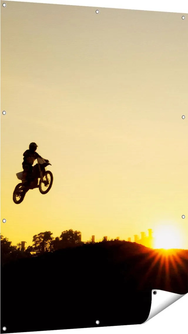 Gards Tuinposter Silhouet van een Motorcross bij Zonsondergang - 100x150 cm - Tuindoek - Tuindecoratie - Wanddecoratie buiten - Tuinschilderij Multikleur