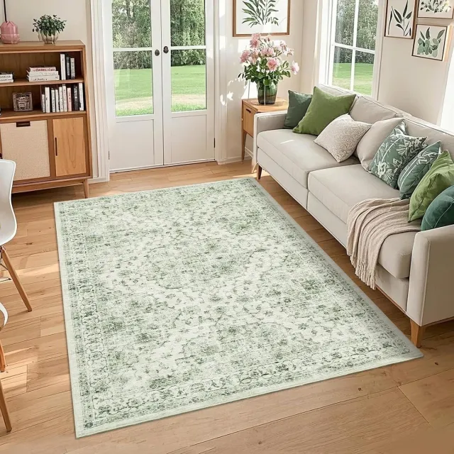 Triumpunpre Vloerkleed 160 x 230 cm, groen, bohemian print, wasbaar, antislip, zacht polyester