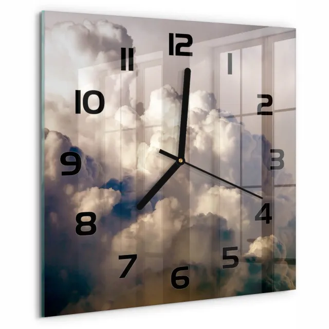 TULUP Wandklok - Wolken aan de hemel Glazen Klok Met Print - 30x30 cm - Wit Wandklok Glas Met Motief - Zwarte handen - Vierkante Klok - Wandklok Glas Decoratie - Gekleurde Glazen Klok