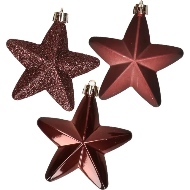 Decoris Kerstornamenten sterren - kunststof - 6x st - bruin - 7 cm - mix glans mat glitter Mahonie bruin