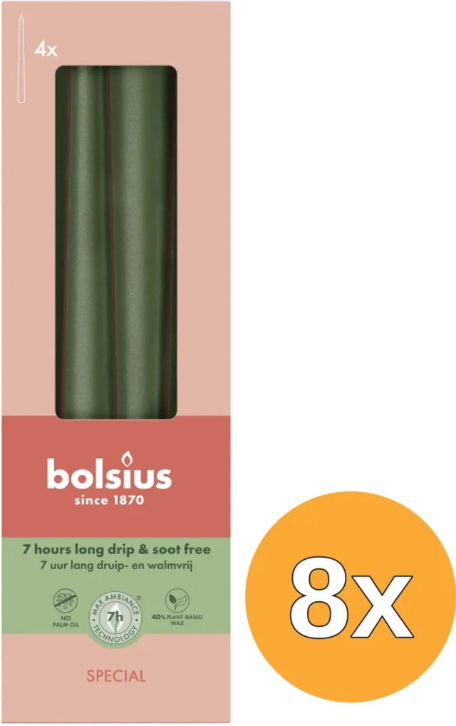 Bolsius 8x Bolsius Gotische kaarsen 245/24 doos 4 metallic Green (4 stuks) Groen
