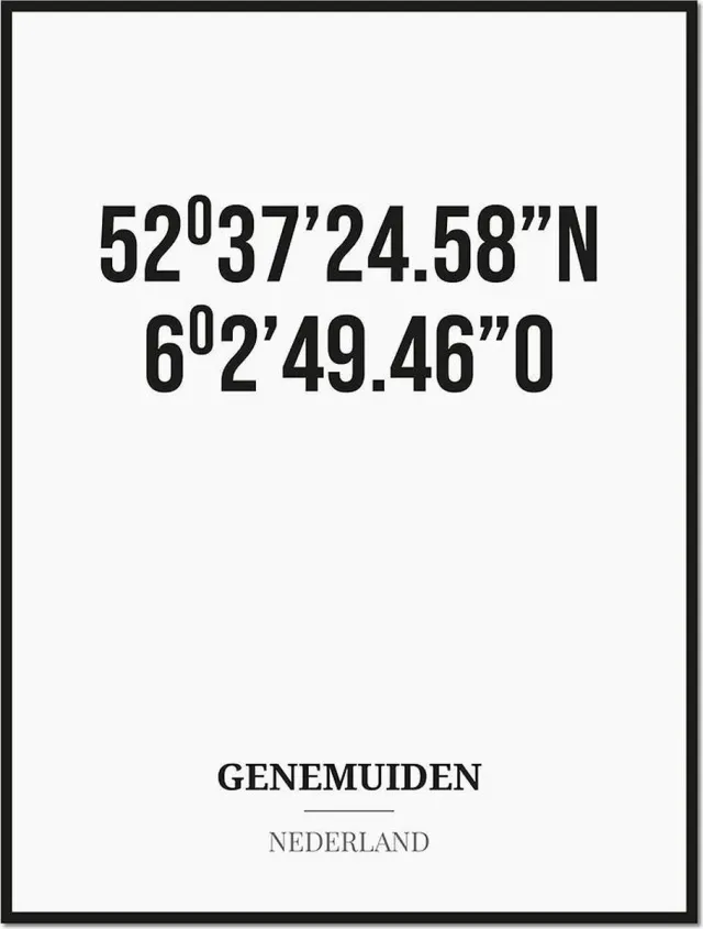 Studio216 Poster/kaart GENEMUIDEN met coördinaten zwart, wit