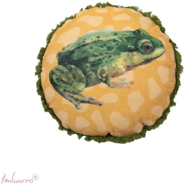 Imbarro Home & Fashion rond Velours kussen Green Frog 45 cm Groen met geel Uit de serie Lovely Botanics